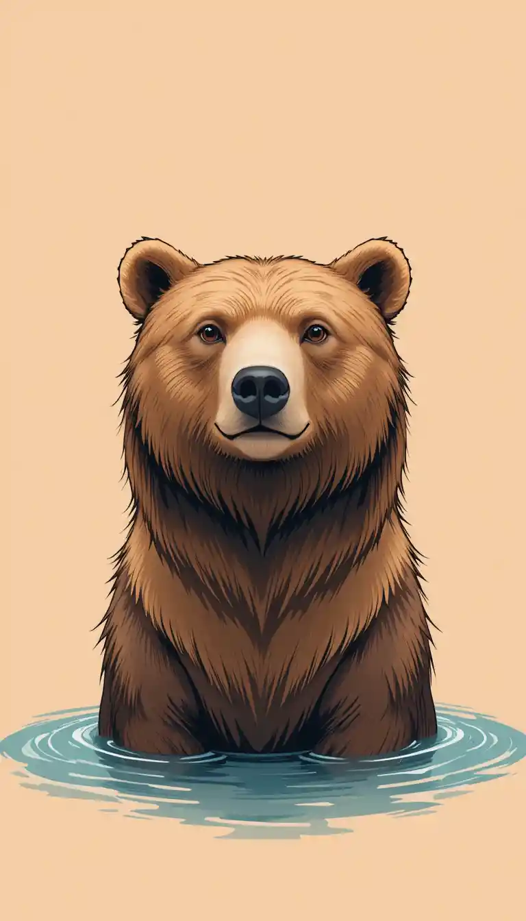 やわらかなピーチ色の水面から現れるヒグマの顔