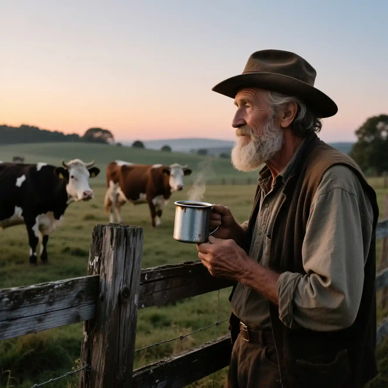 Velho fazendeiro tomando café perto de uma cerca de madeira ao amanhecer