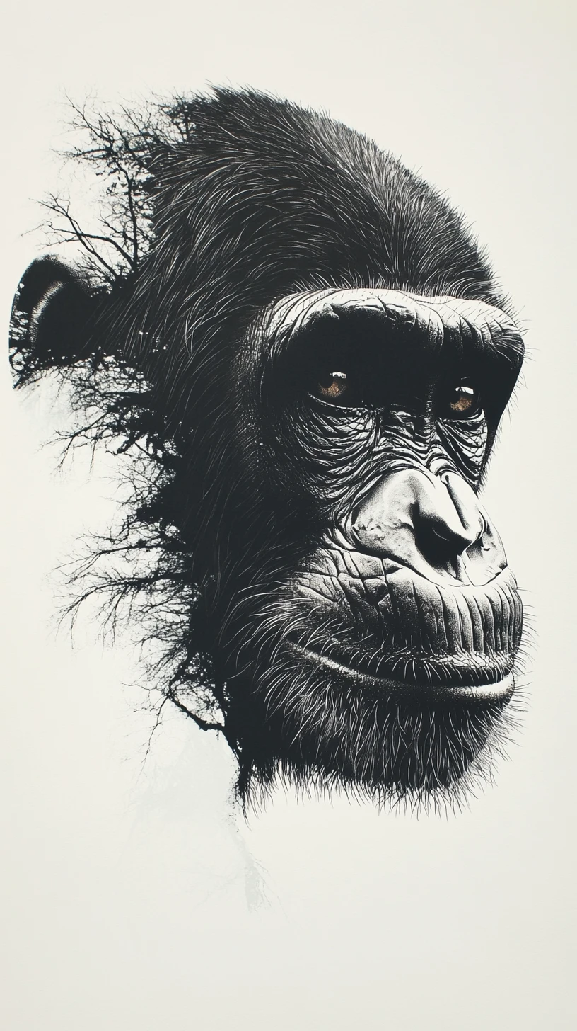 Ink chimpanzee silhouette with realistic face details