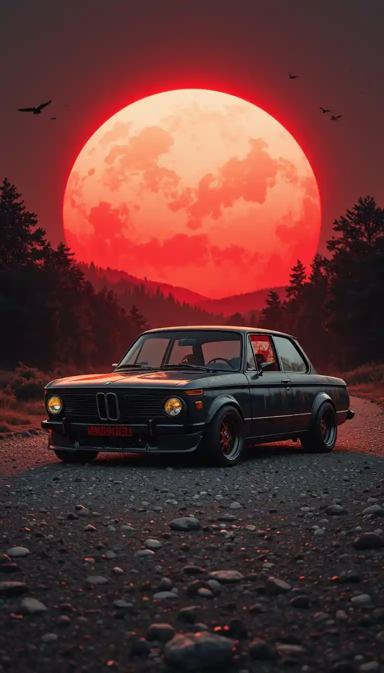Sedã BMW vintage em estrada de cascalho com sol vermelho ao fundo
