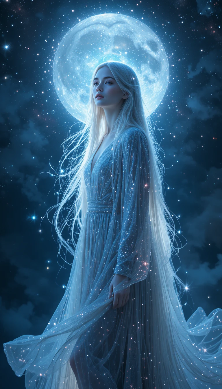 星塵髮絲的天界女子佇立在璀璨星雲中