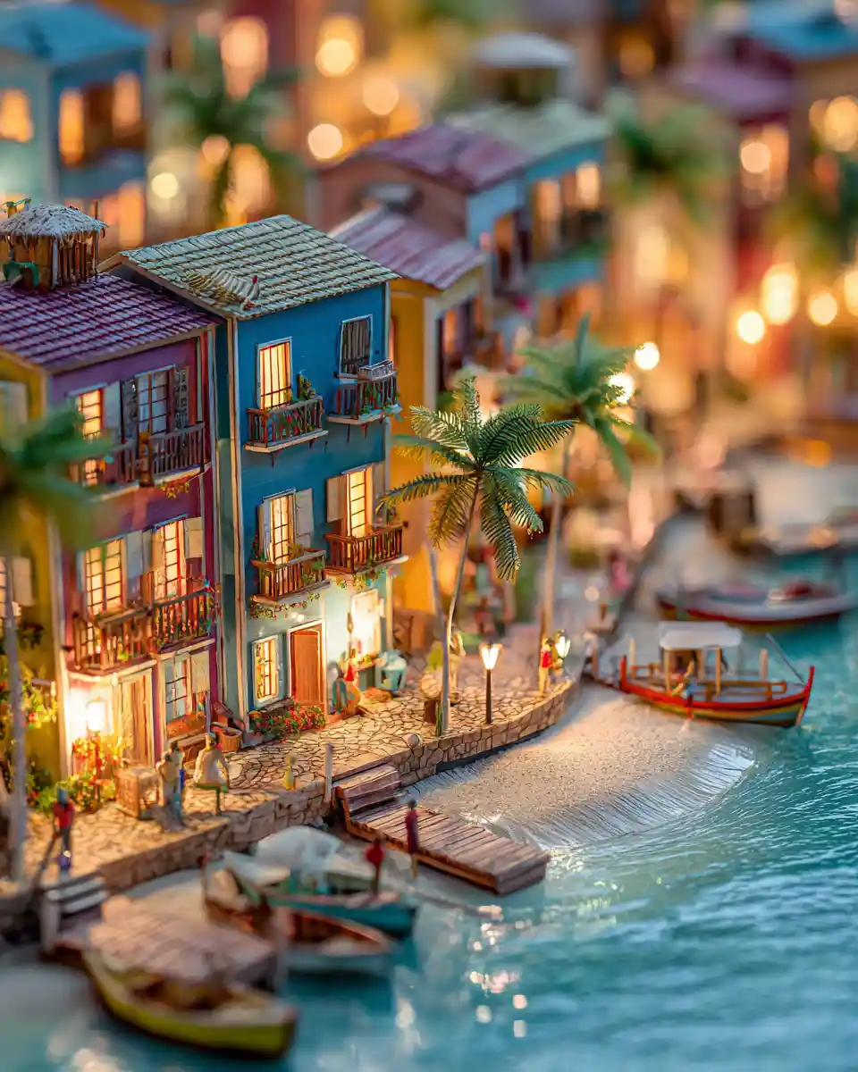 Città di resort balneare tropicale al tramonto con vista tilt-shift