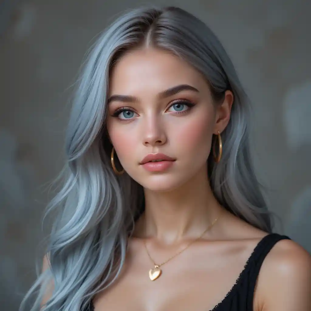 Ritratto di una giovane donna elegante con capelli blu argento