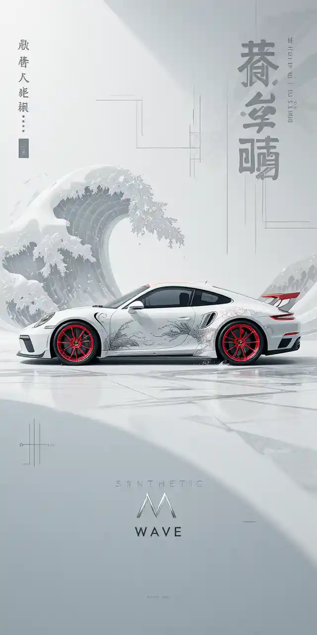 Carro esportivo branco futurista em paisagem de ondas sintéticas