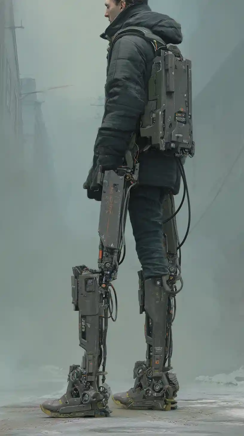 Cyberpunk warrior with industrial exoskeleton in future Moscow street