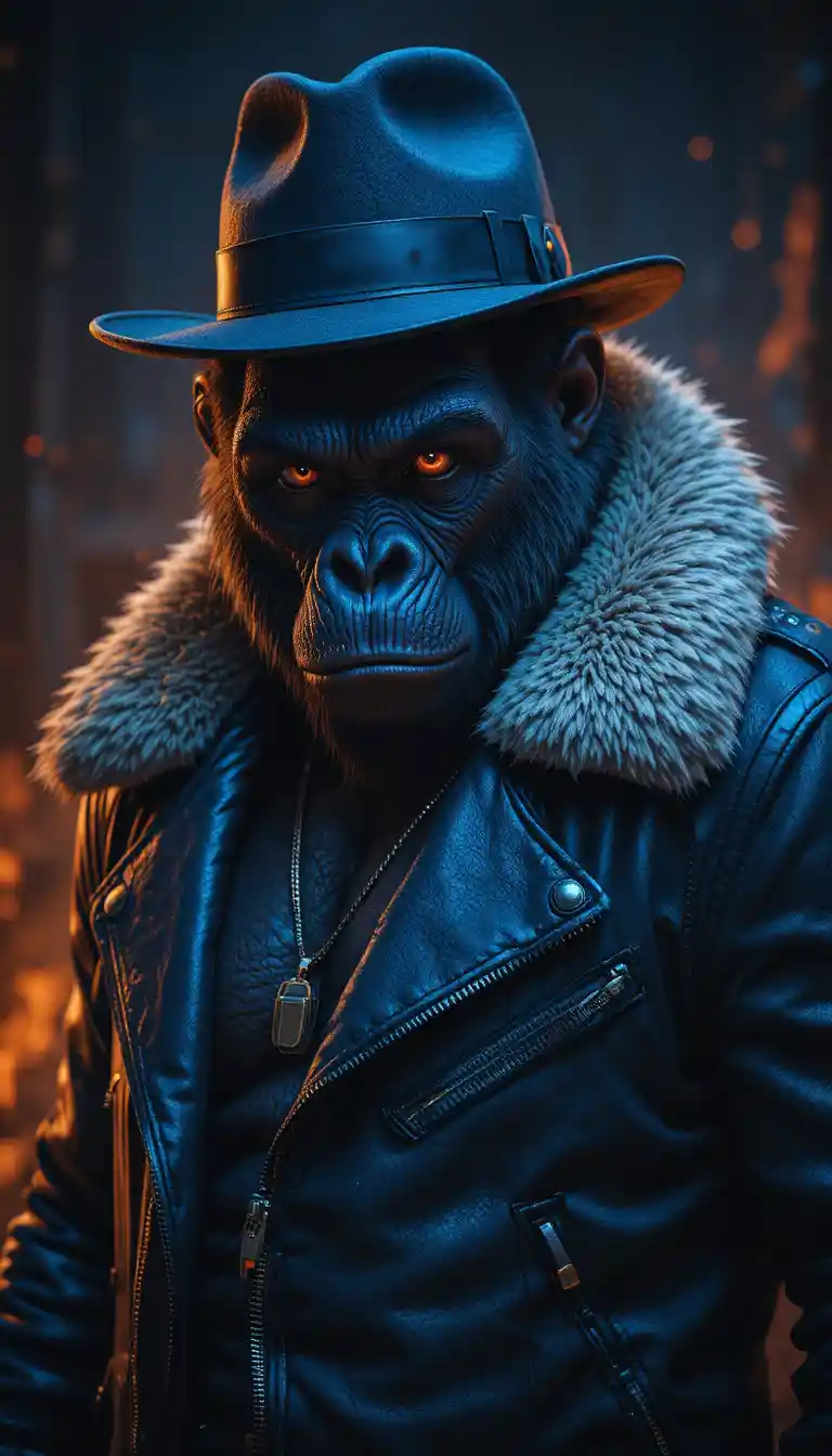 Gorilla in blauer Lederjacke mit Fedora und roten Augen