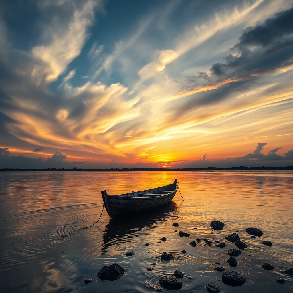 Barque en bois sur rivière calme au coucher du soleil avec horizon lointain