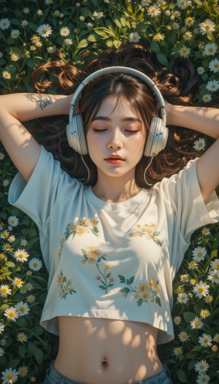 따뜻한 햇살 아래 잔디에 누워 헤드폰을 쓴 소녀