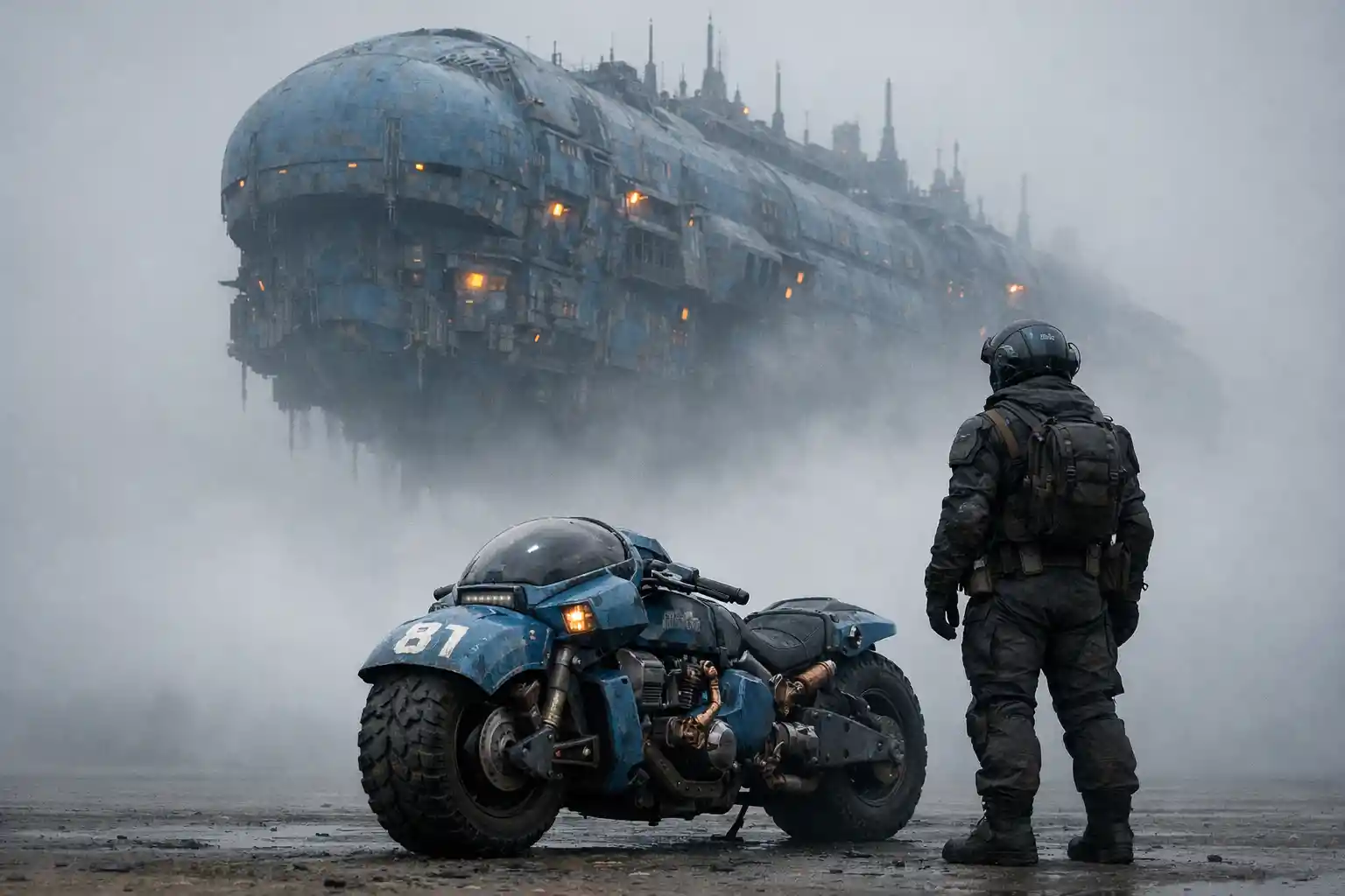 Foggy blue spaceship towering above a lone futuristic motorcycle