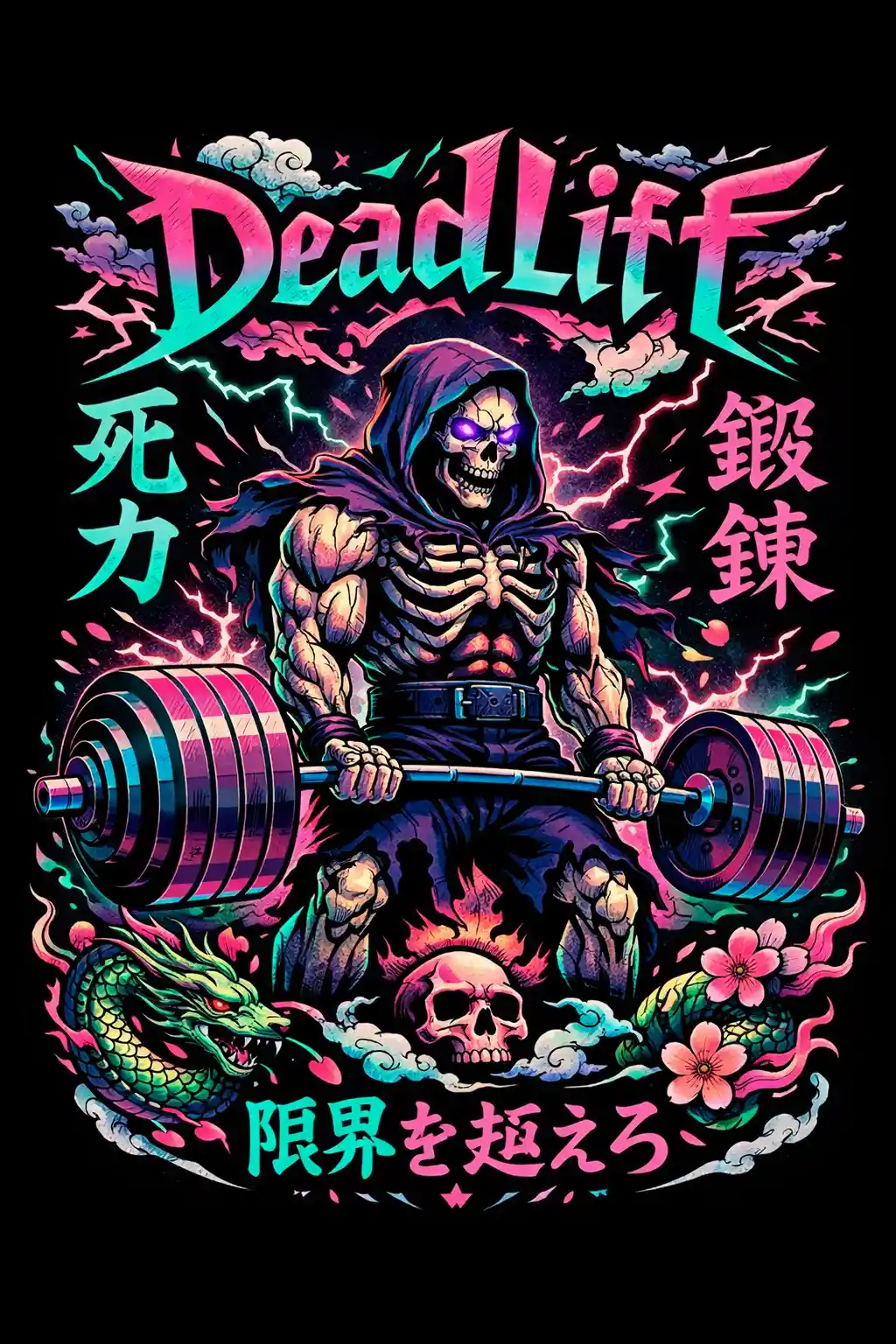 Neon deadlift barbell tattoo illustration on black background