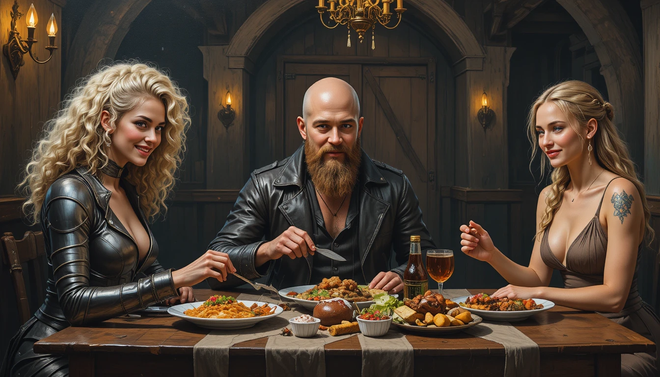 Three friends feasting together in a medieval tavern