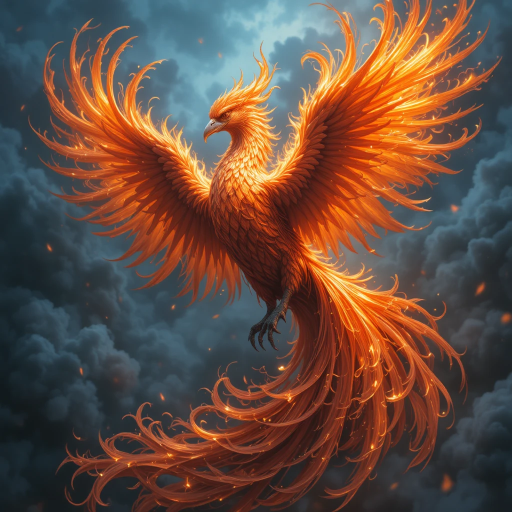 Fênix flamejante voando contra um céu escuro e esfumaçado
