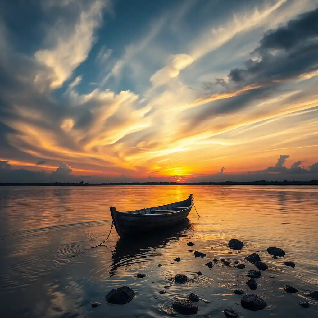 Barque en bois sur rivière calme au coucher du soleil avec horizon lointain