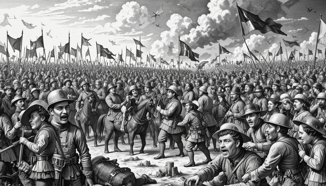 Cena de batalha caótica com soldados e cavalos em estilo gravura