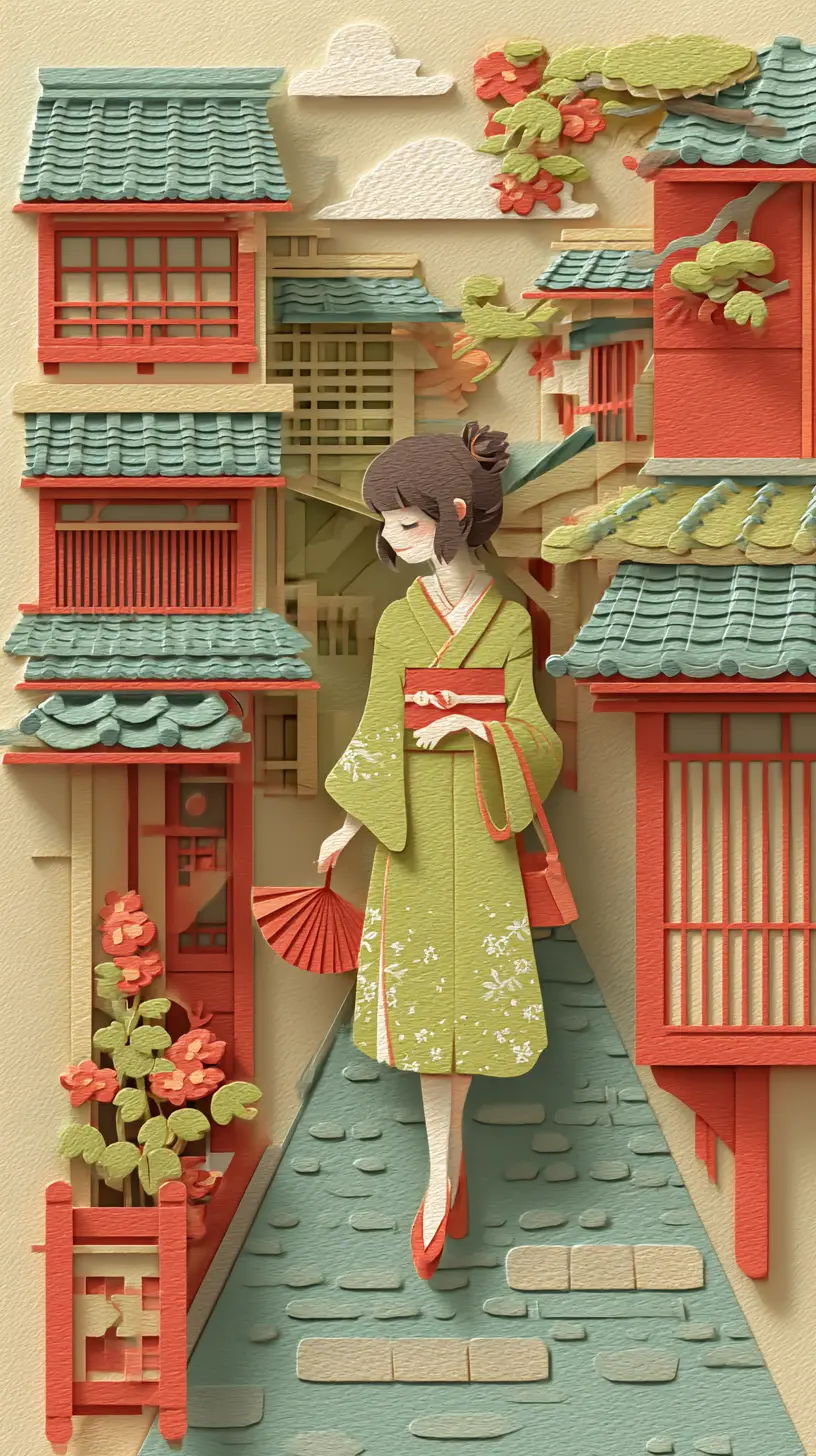 Scène d’art en papier avec élégante jeune fille japonaise inspirée de Kyoto