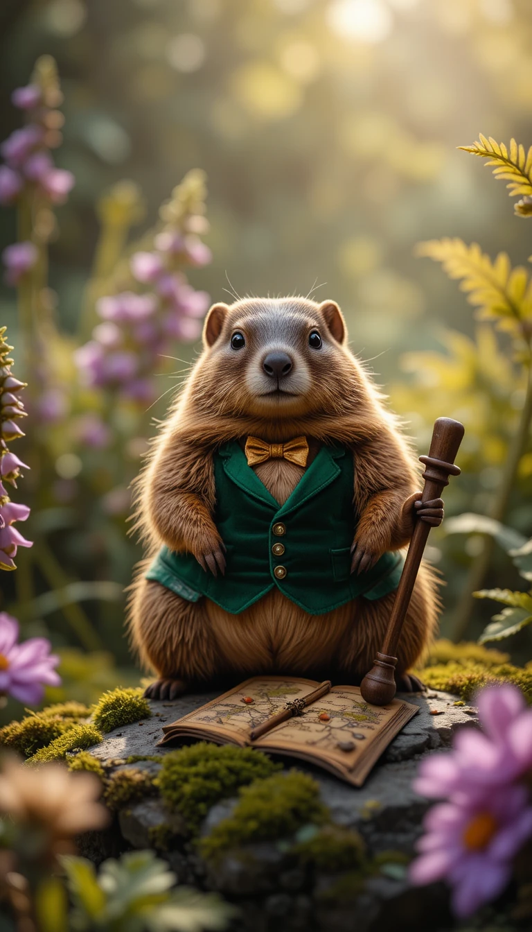 Cinematic close up of a dapper groundhog in a garden
