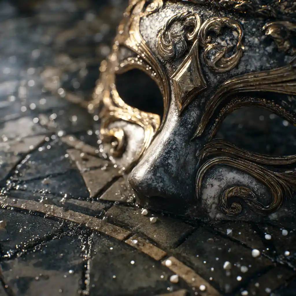 Venetian carnival mask on wet cobblestone with falling snow