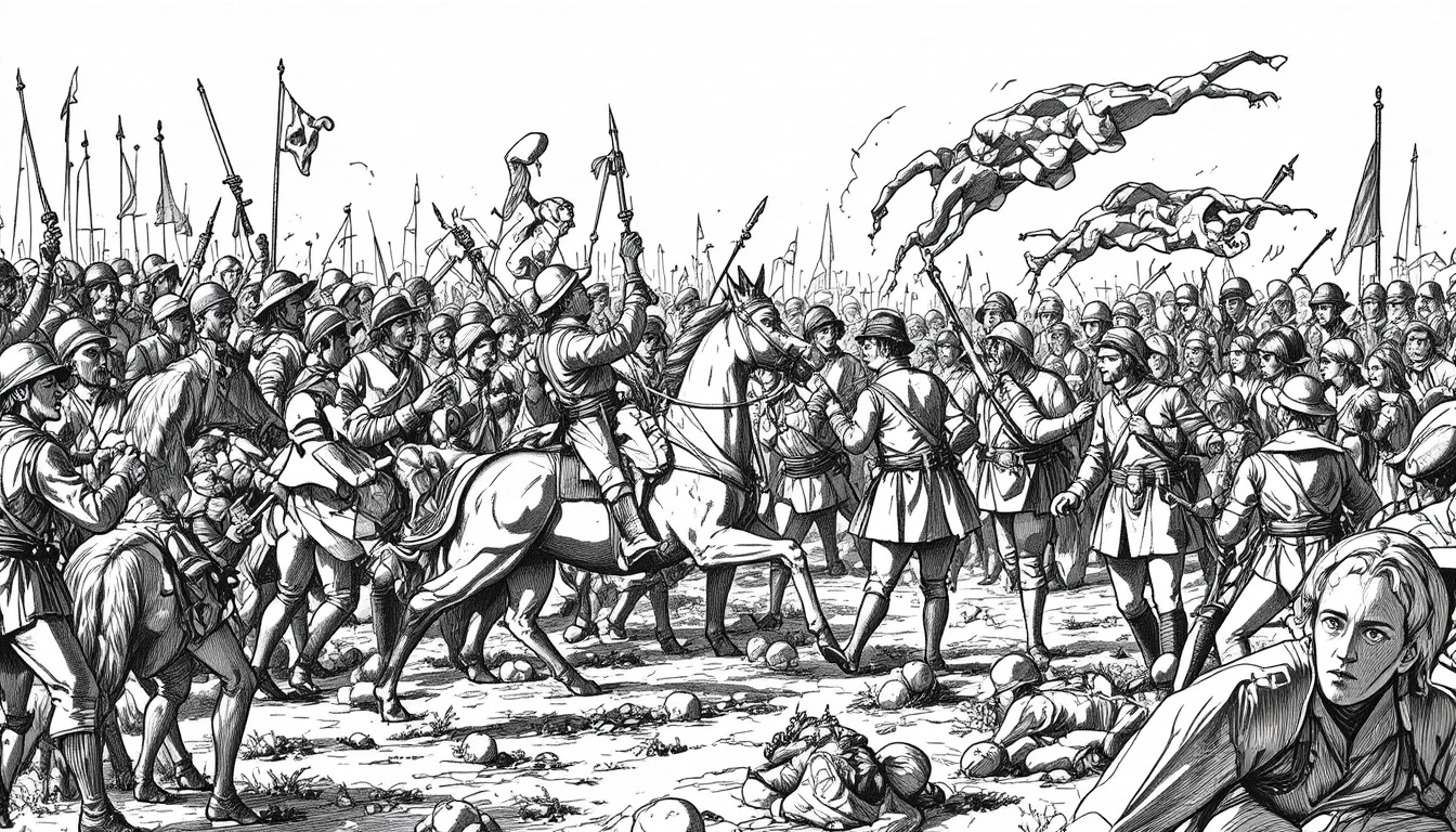Cena caótica de batalha histórica com soldados e cavalos empinando