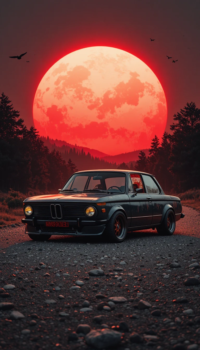 Sedã BMW vintage em estrada de cascalho com sol vermelho ao fundo