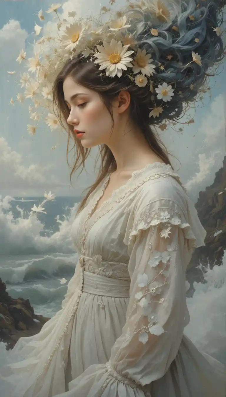 Surreal portrait of a girl with waves of memories