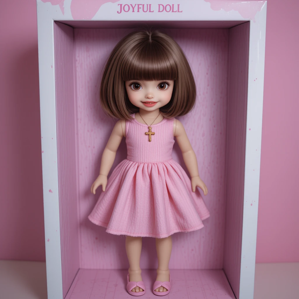 Boneca de cabelo castanho com vestido rosa em uma caixa de exibição alegre