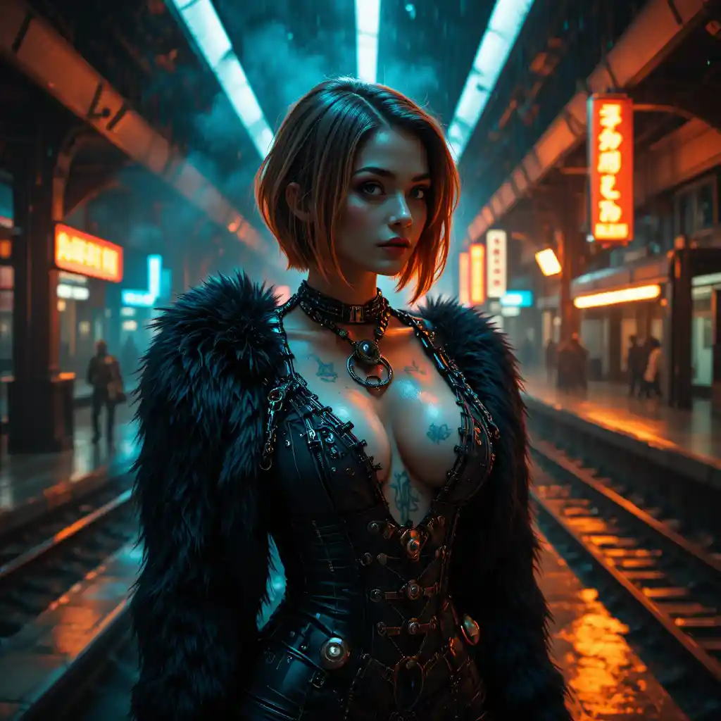 Femme fatale noir bajo estación de monorraíl iluminada con neón