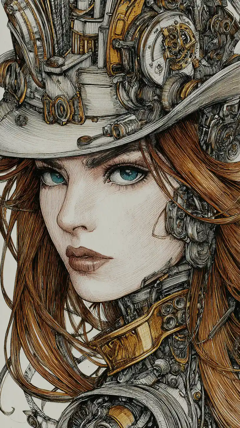 Steampunk woman with mechanical body and ornate top hat