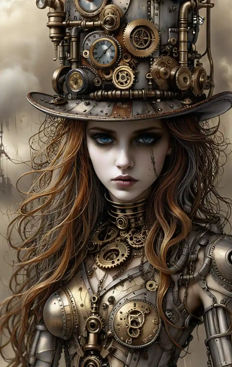 Donna steampunk con corpo meccanico e cilindro in ottone decorato