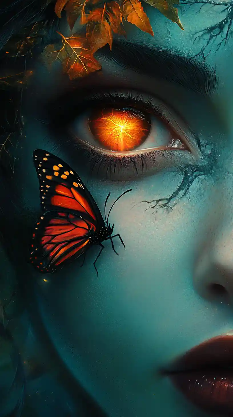 Portrait Surréaliste de Femme avec Œil Ambre et Papillon