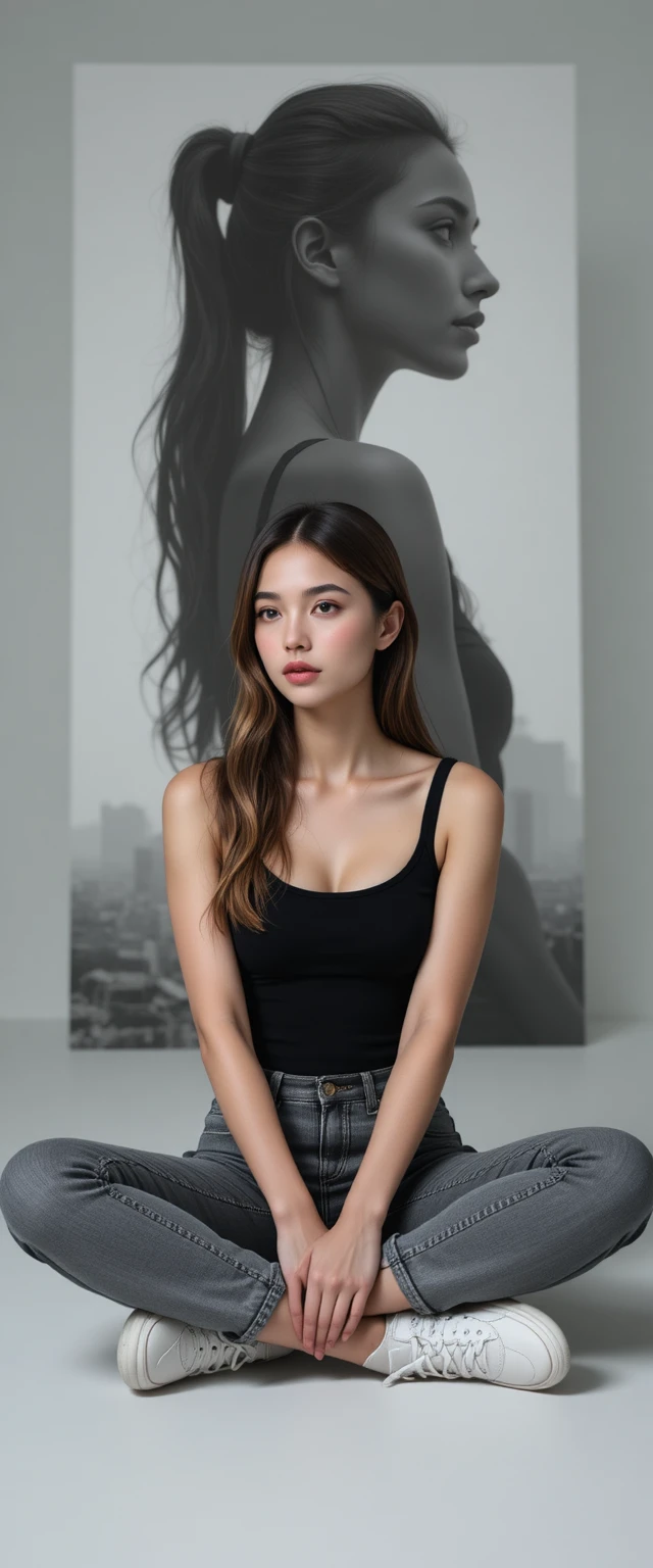 Jovem sentada de pernas cruzadas em retrato minimalista de estúdio