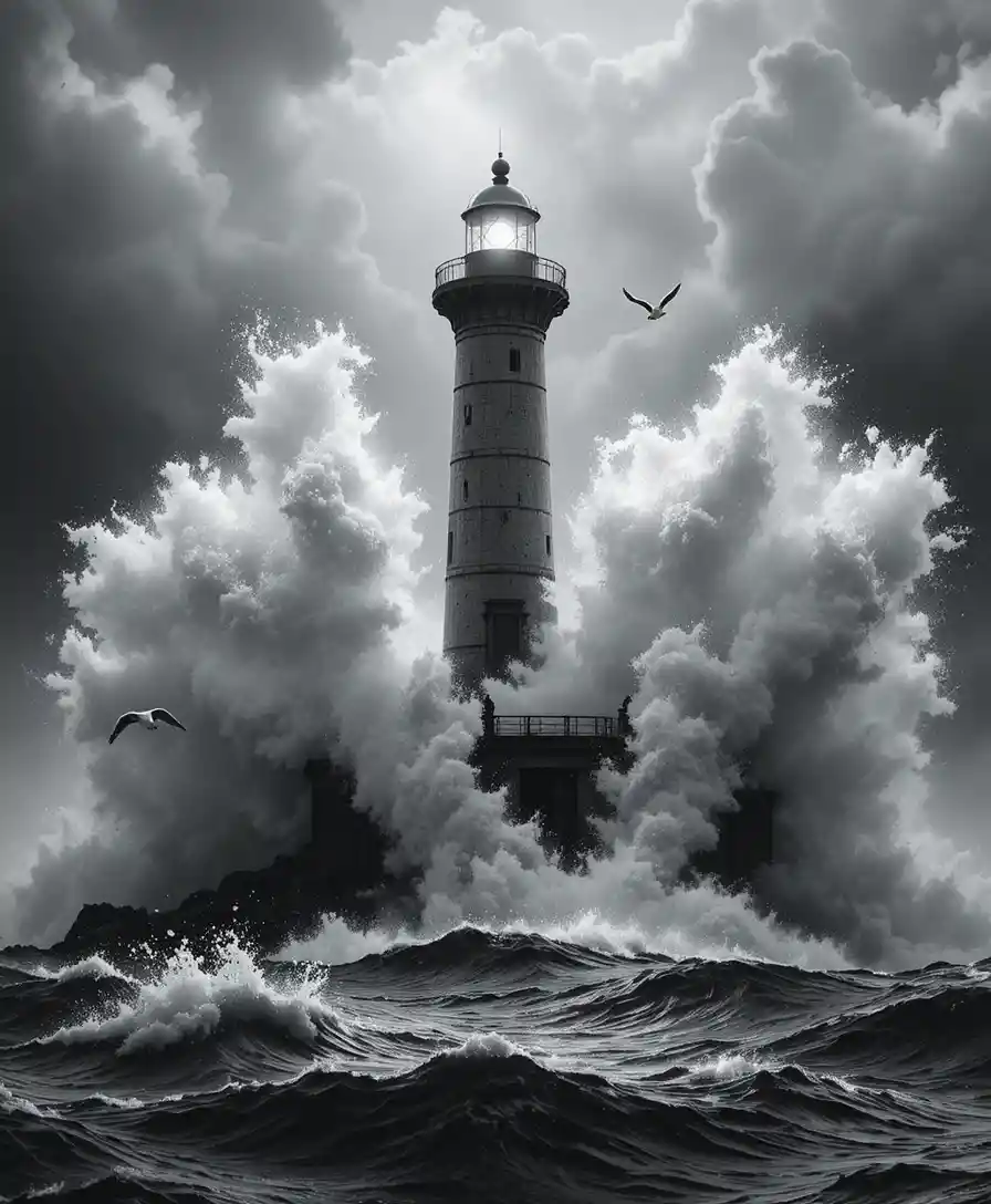 Faro solitario enfrentando olas gigantes en plena tormenta