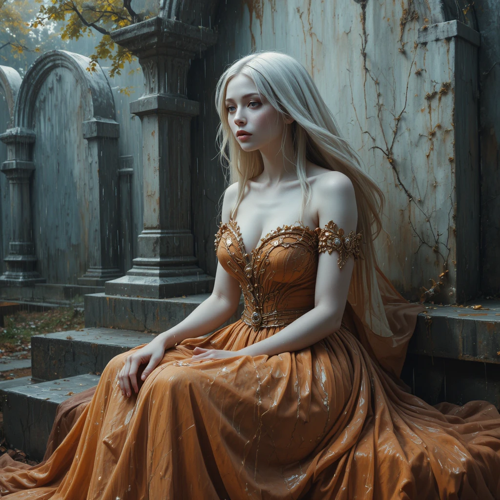 Femme assise surréaliste en robe à volants dans un cimetière pluvieux