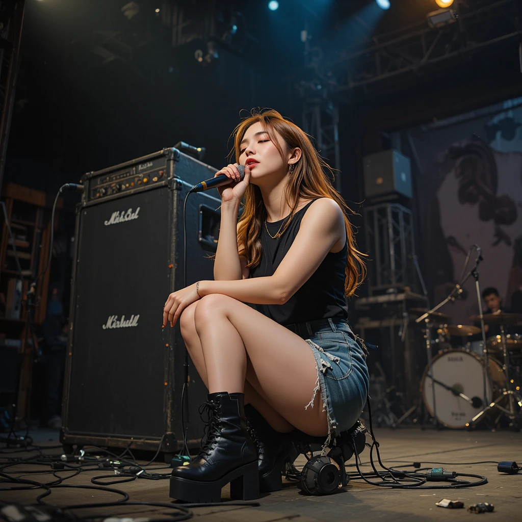 Koreanische Sängerin auf Underground-Bühne in roher Grunge-Performance
