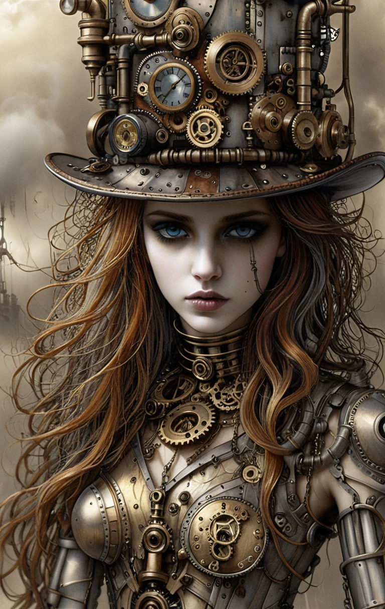 Steampunk-Frau mit mechanischem Körper und verziertem Messing-Zylinder
