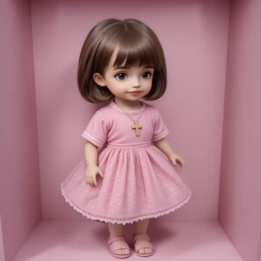 Boneca de cabelo castanho com vestido rosa dentro de caixa de exposição
