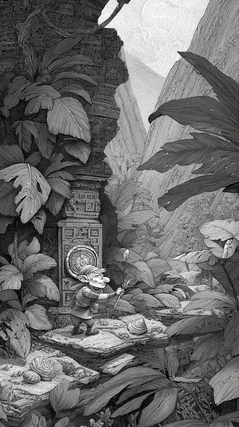 Gnome pirate explorant les ruines d’une île tropicale avec une boussole