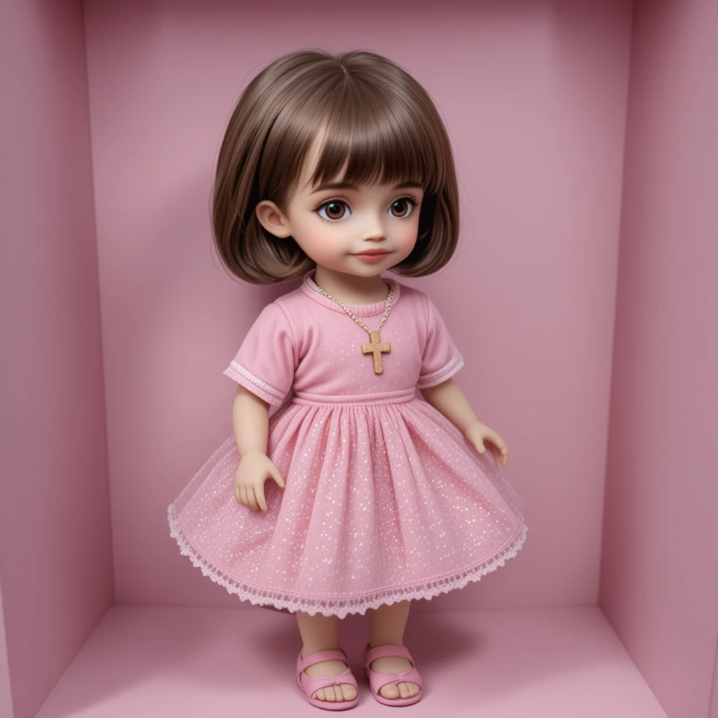 Boneca de cabelo castanho com vestido rosa dentro de caixa de exposição