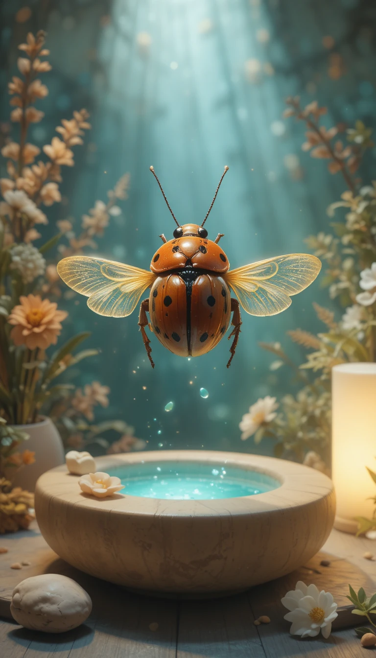 Coccinella ad acquerello caldo in una luce soffice e rassicurante