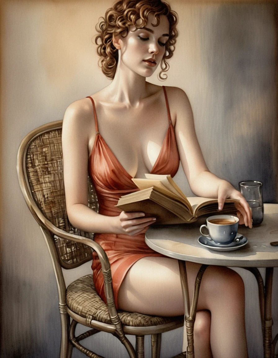 Mulher lendo em um café vintage em ilustração em aquarela