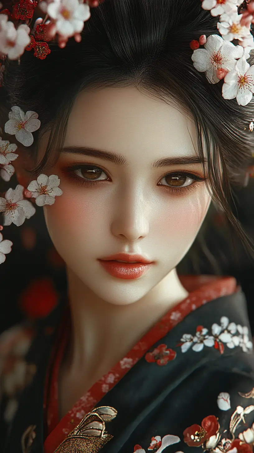 Donna giapponese in kimono scuro con fiori di ciliegio tra i capelli