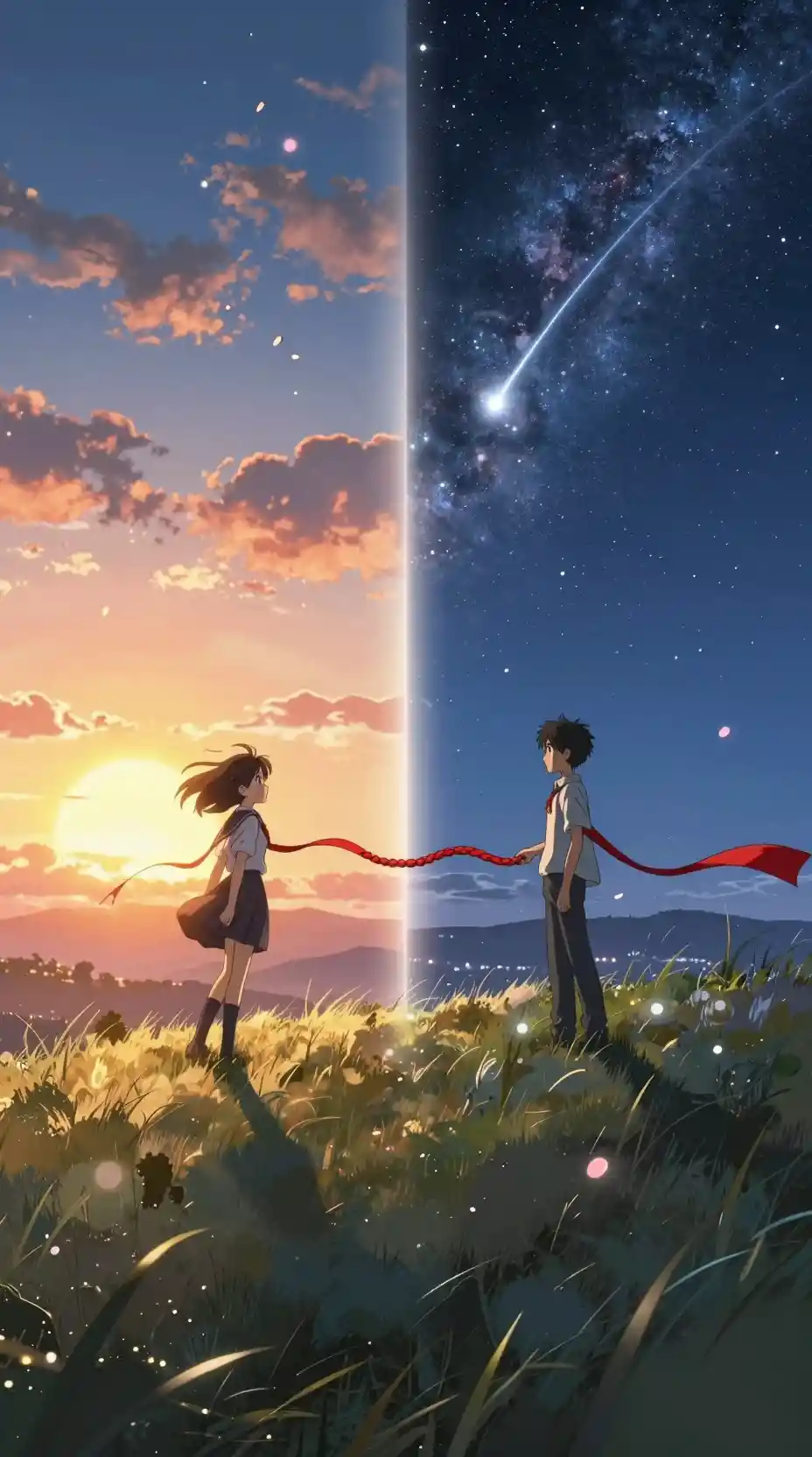 Anime teens divided by sunrise and starry night sky