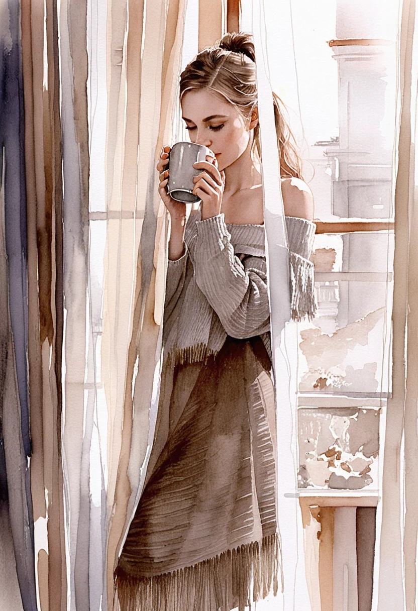 Femme près de la fenêtre en maille taupe, sirotant son café du matin