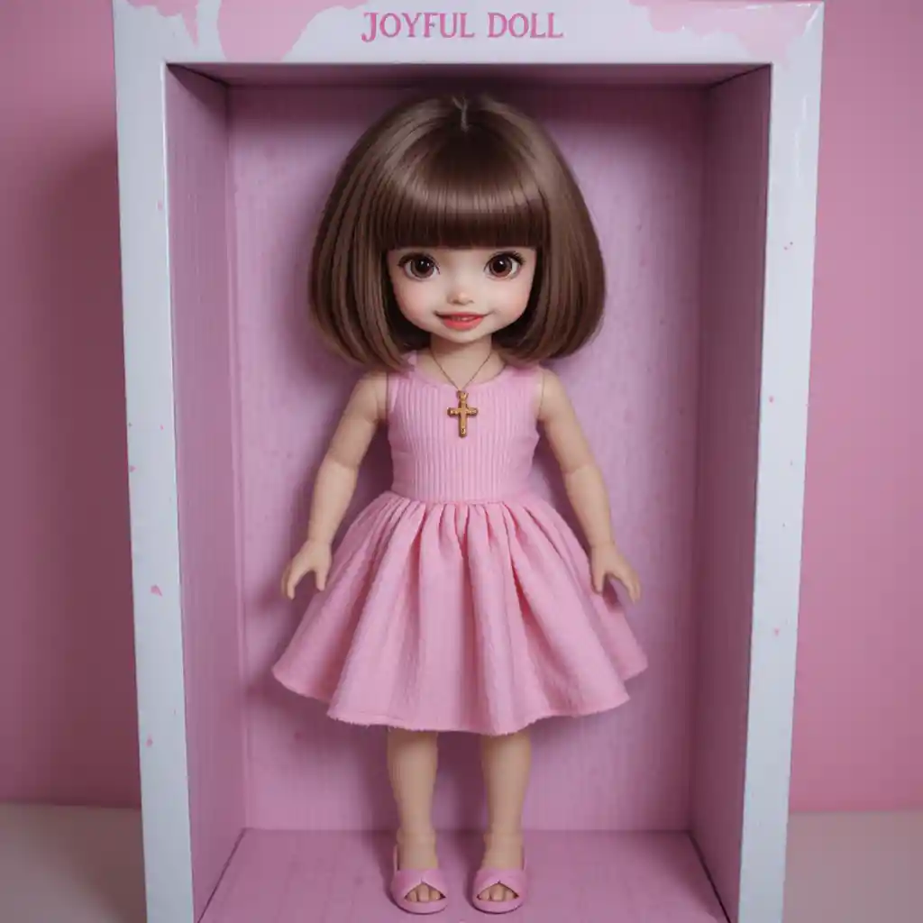 Boneca de cabelo castanho com vestido rosa em uma caixa de exibição alegre