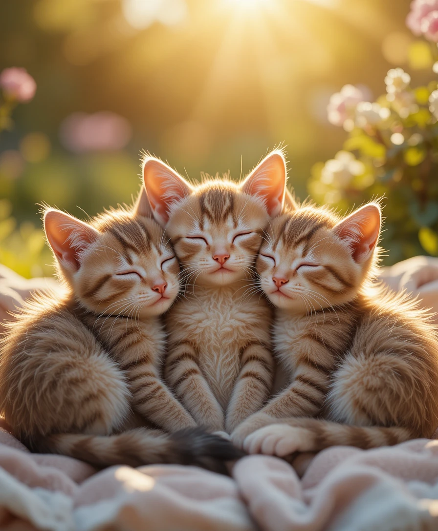 Trois chatons endormis blottis ensemble au soleil chaud