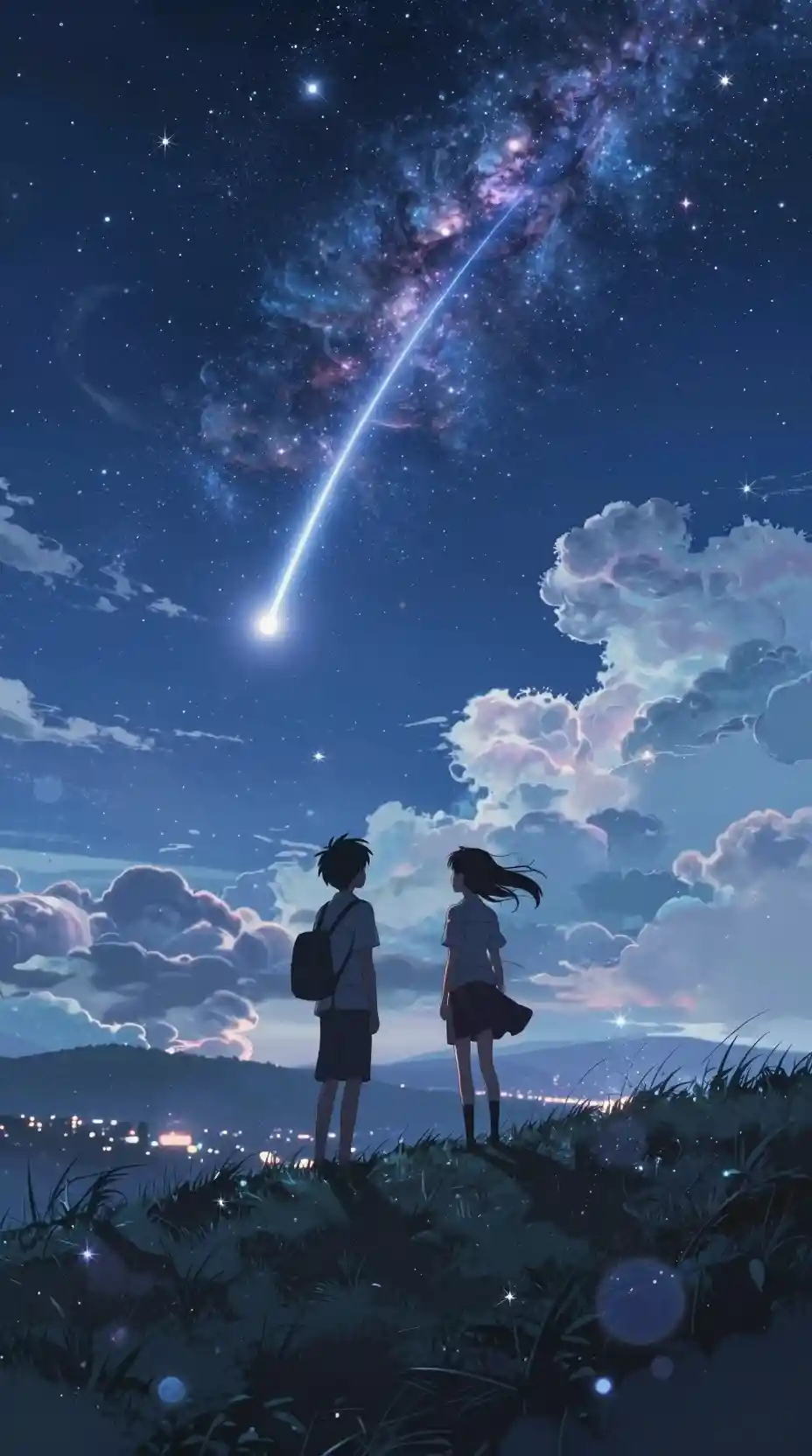 Due studenti su una collina sotto un cielo notturno vorticoso