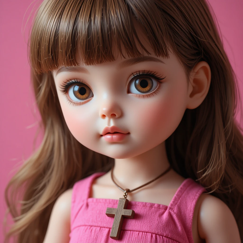 Boneca de cabelo castanho com vestido rosa em fundo rosa suave