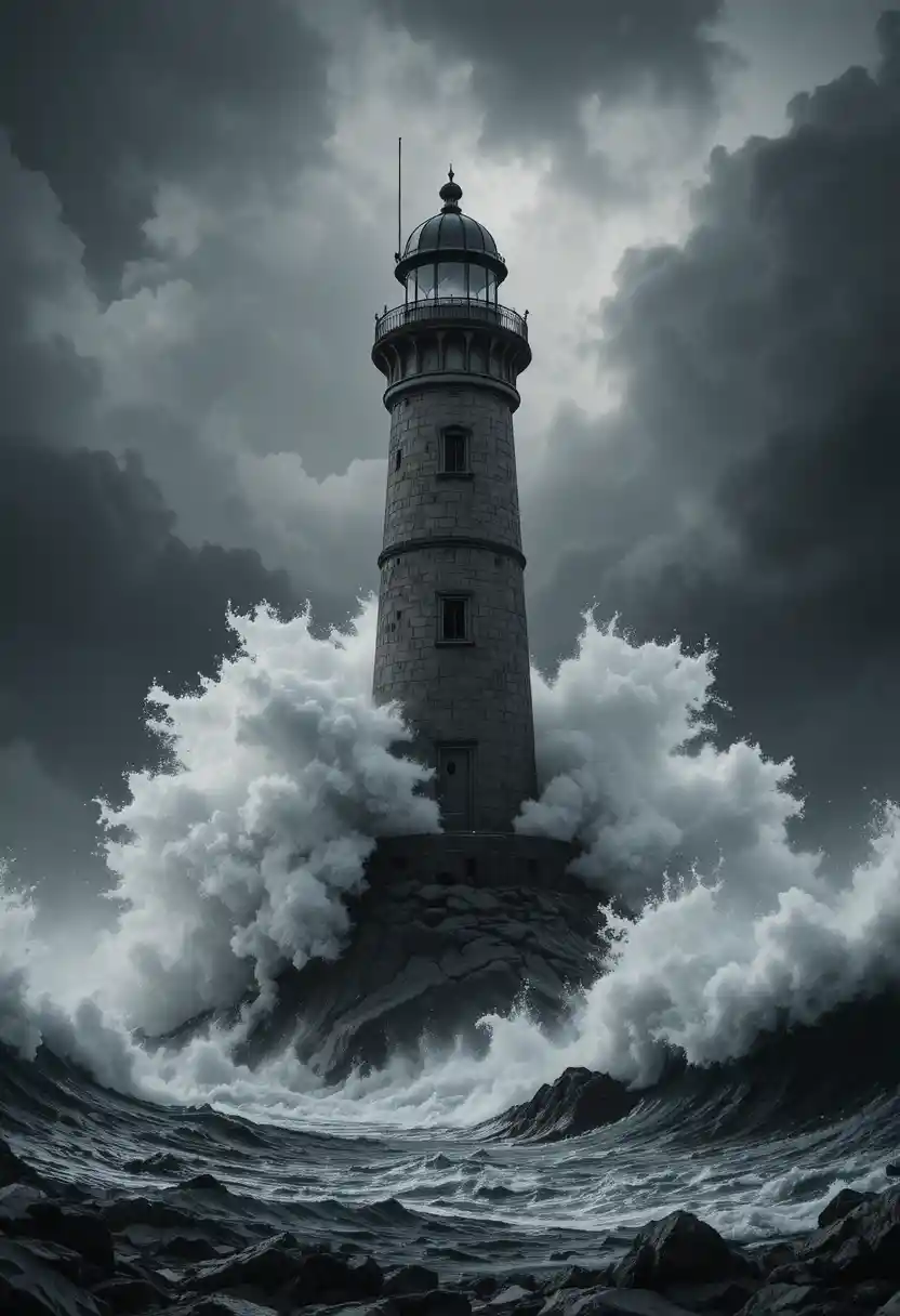 Faro resistiendo olas colosales en una tormenta violenta