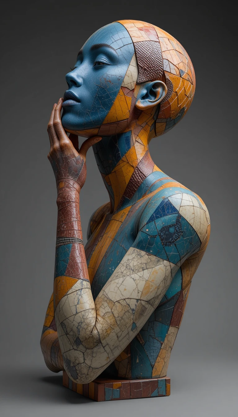 Mosaic human sculpture in a pensive pose close up