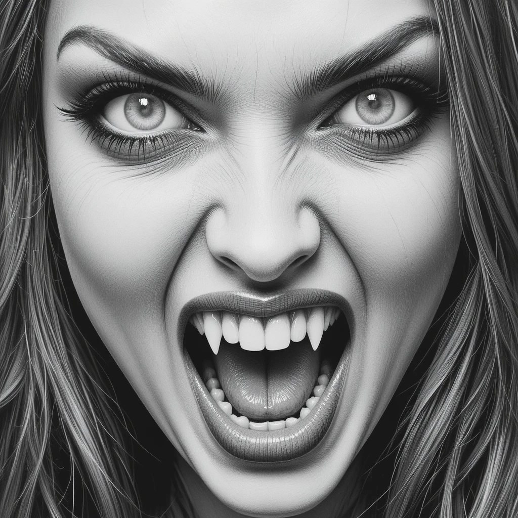 Vampire woman screaming in intense close up portrait