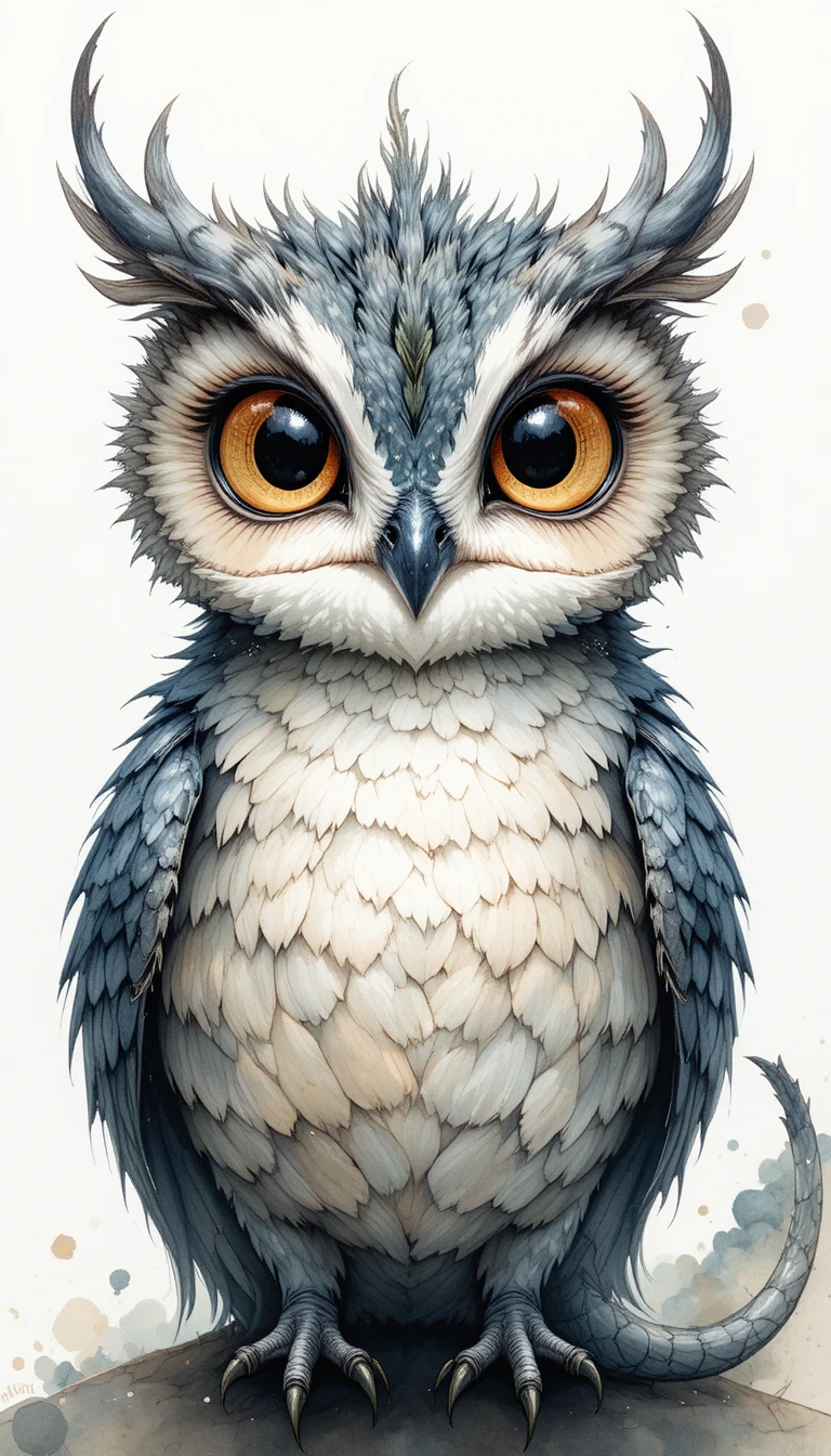 Traumhafte Aquarellzeichnung einer kleinen lächelnden Eule mit glänzenden Augen